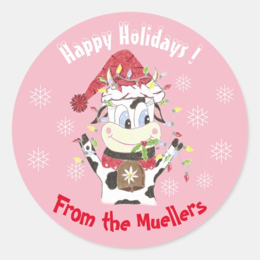 牛のスノーベル – ハッピーホリデーズピンクのシール ラウンドシール (正面)