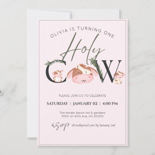 牛のテーマの女の子の誕生日の招待 招待状 (正面)