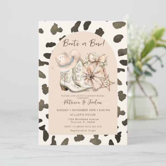 牛のパターン西ブーツまたは弓ジェンダーの明け 招待状 (スタンド正面)