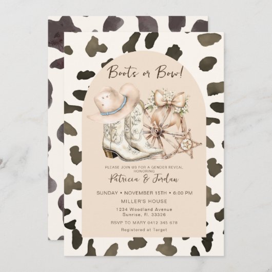牛のパターン西ブーツまたは弓ジェンダーの明け 招待状 (正面/裏面)