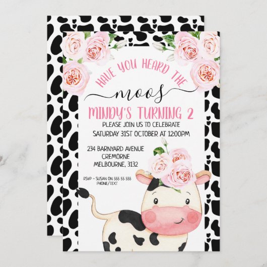 牛のプリントは、あなたがMoosの誕生日を聞いた 招待状 (正面/裏面)