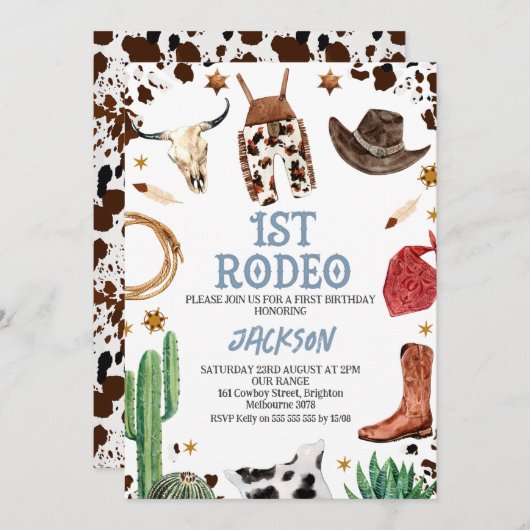 牛のプリントカウボーイ私の最初のロデオ1歳の誕生日 招待状 (正面/裏面)
