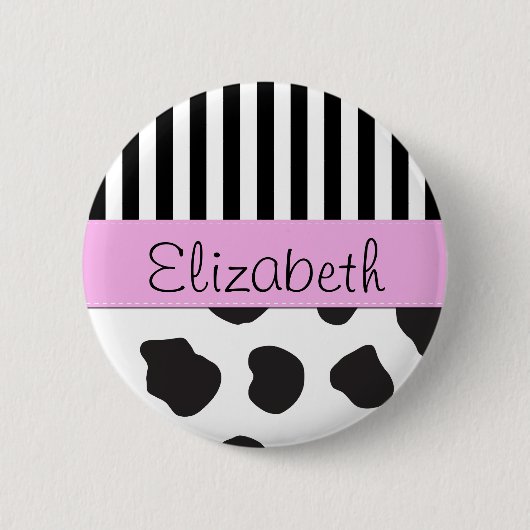 牛のプリントストライプ、黒人と白人、あなたの名前 缶バッジ (正面)