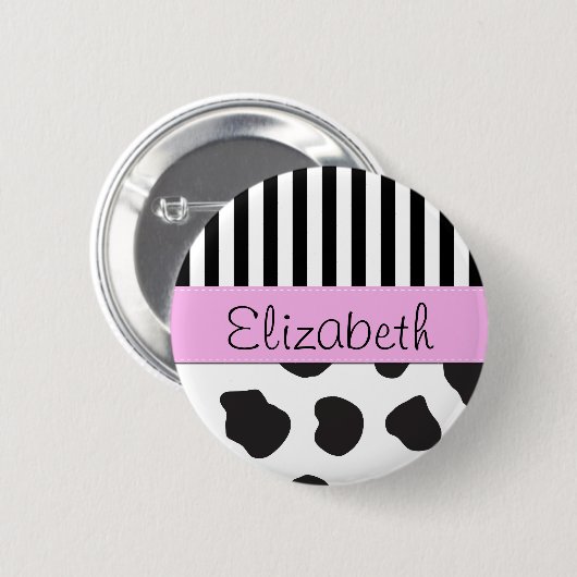 牛のプリントストライプ、黒人と白人、あなたの名前 缶バッジ (正面&裏面)