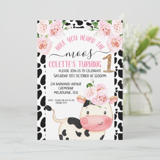 牛のプリント、ムース1歳の誕生日をお聞きになりましたか 招待状 (スタンド正面)