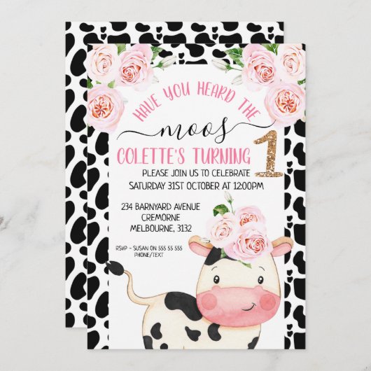 牛のプリント、ムース1歳の誕生日をお聞きになりましたか 招待状 (正面/裏面)