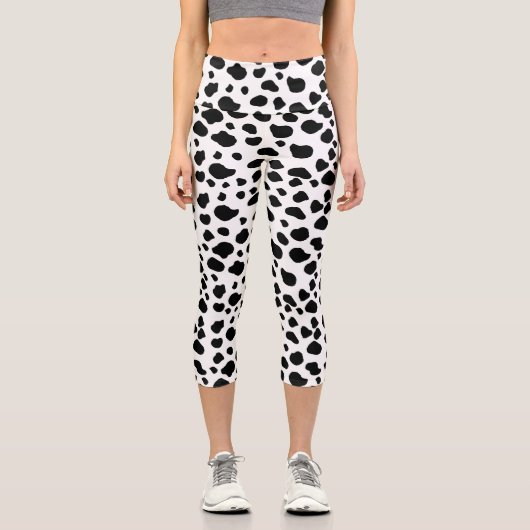 牛のプリント、牛のパターン、牛の斑点、白黒 カプリレギンス (正面)