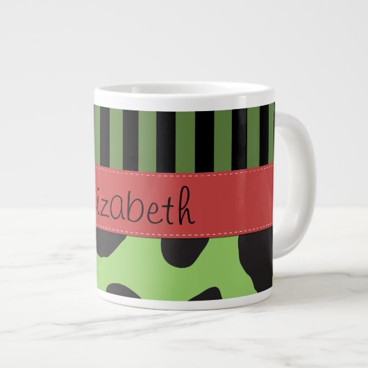 牛のプリント，牛の斑点，ストライプ緑の子供の名前 ジャンボコーヒーマグカップ (正面右)