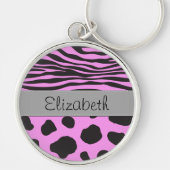 牛のプリント、牛の斑点、ゼブラ縞模様、あなたの名前 キーホルダー (正面)