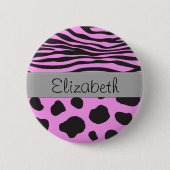 牛のプリント、牛の斑点、ゼブラ縞模様、あなたの名前 缶バッジ (正面)