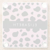 牛のプリント，牛の斑点，ピンクの牛，あなたの名前 ガラスコースター (裏面)