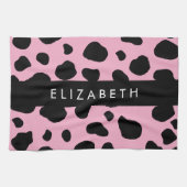 牛のプリント，牛の斑点，ピンクの牛，あなたの名前 キッチンタオル (横)