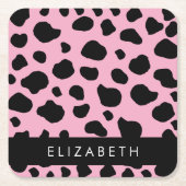 牛のプリント,牛の斑点,ピンクの牛,あなたの名前 スクエアペーパーコースター (正面)