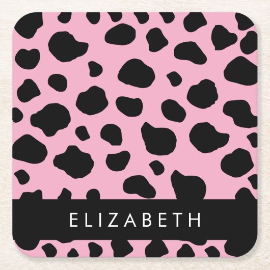 牛のプリント，牛の斑点，ピンクの牛，あなたの名前 スクエアペーパーコースター (正面)