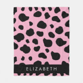 牛のプリント，牛の斑点，ピンクの牛，あなたの名前 フリースブランケット (正面)