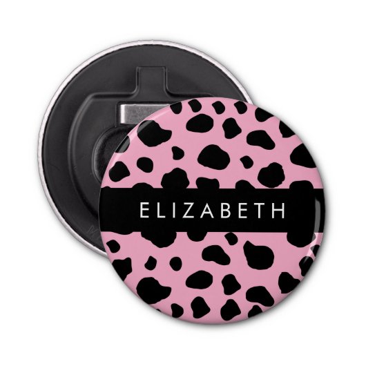 牛のプリント，牛の斑点，ピンクの牛，あなたの名前 栓抜き (正面)