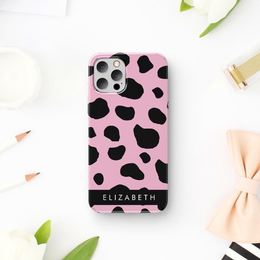 牛のプリント, 牛の斑点, ピンクの牛, あなたの名前 iPhone 16ケース