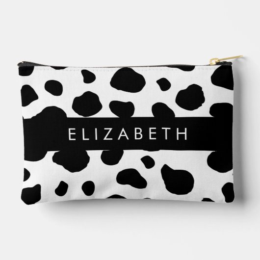 牛のプリント、牛の斑点、白黒、あなたの名前 アクセサリーポーチ (裏面)