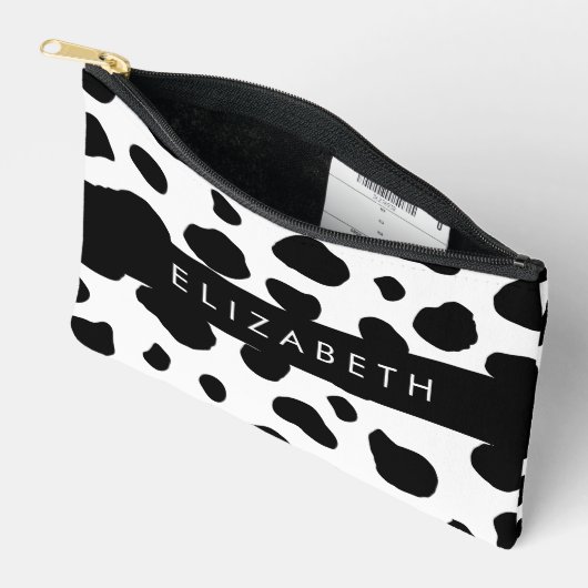 牛のプリント、牛の斑点、白黒、あなたの名前 アクセサリーポーチ (見開き)