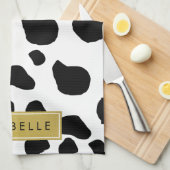 牛のプリント、牛の斑点、白黒、あなたの名前 キッチンタオル (四つ折り)
