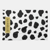 牛のプリント、牛の斑点、白黒、あなたの名前 キッチンタオル (横)
