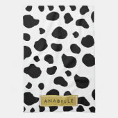 牛のプリント、牛の斑点、白黒、あなたの名前 キッチンタオル (縦)