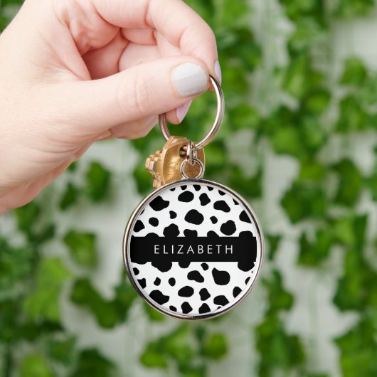 牛のプリント、牛の斑点、白黒、あなたの名前 キーホルダー (手)