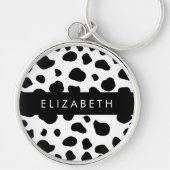 牛のプリント、牛の斑点、白黒、あなたの名前 キーホルダー (正面)