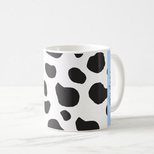牛のプリント、牛の斑点、白黒、あなたの名前 コーヒーマグカップ (正面右)