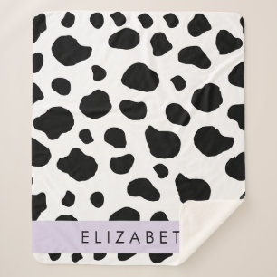 牛のプリント、牛の斑点、白黒、あなたの名前 シェルパブランケット