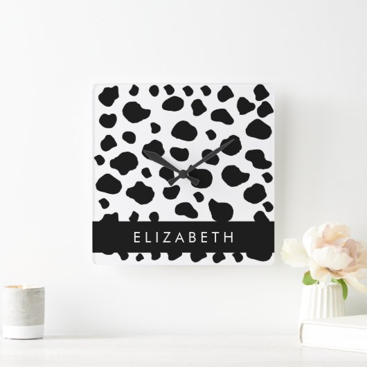 牛のプリント、牛の斑点、白黒、あなたの名前 スクエア壁時計 (ホーム)