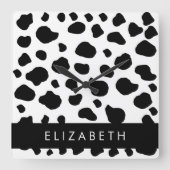 牛のプリント、牛の斑点、白黒、あなたの名前 スクエア壁時計 (正面)