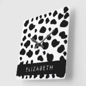 牛のプリント、牛の斑点、白黒、あなたの名前 スクエア壁時計 (傾斜)