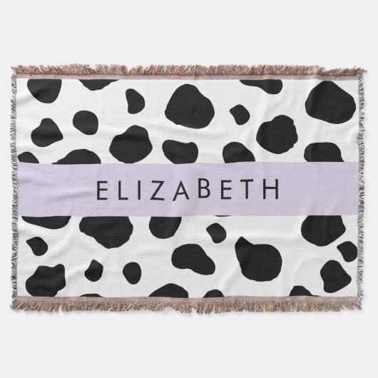牛のプリント、牛の斑点、白黒、あなたの名前 スローブランケット (正面)
