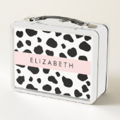 牛のプリント、牛の斑点、白黒、あなたの名前 メタルランチボックス (裏面)