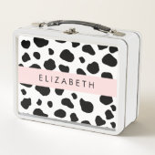 牛のプリント、牛の斑点、白黒、あなたの名前 メタルランチボックス (正面)