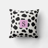 牛のプリント、牛の斑点、白黒、モノグラム クッション (裏面)