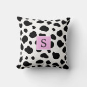 牛のプリント、牛の斑点、白黒、モノグラム クッション (正面)