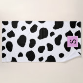 牛のプリント、牛の斑点、白黒、モノグラム ビーチタオル (正面)