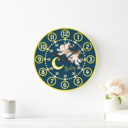 牛のムーンジャンプの子供たちwimsy水色アートクロック ラージ壁時計 (ホーム)