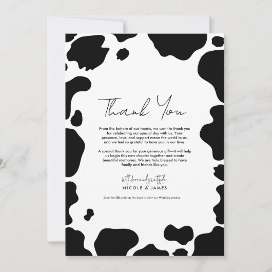 牛のモー斑点プリント白黒ありがとう 招待状 (正面)