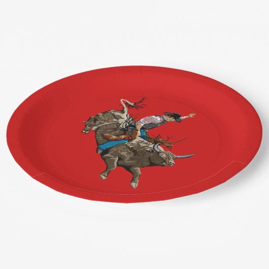 牛の乗馬ロデオのカウボーイ ペーパープレート (アングル)