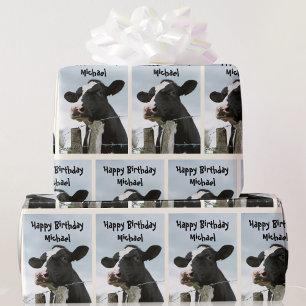 牛の個人用挨拶と名前の誕生日 ラッピングペーパー