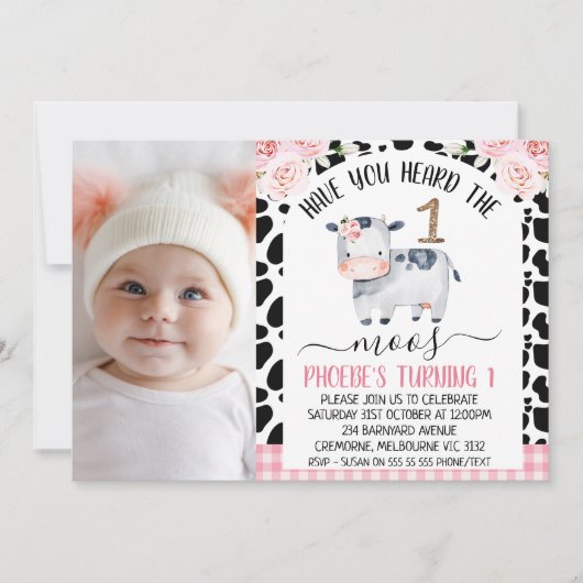 牛の写真はMoosの最初の誕生日を聞いたことがある 招待状 (正面)