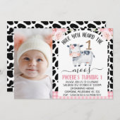 牛の写真はMoosの最初の誕生日を聞いたことがある 招待状 (正面/裏面)