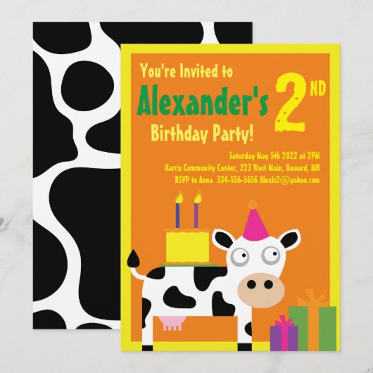 牛の動物の子供の誕生日パーティーの招待状 招待状 (正面/裏面)