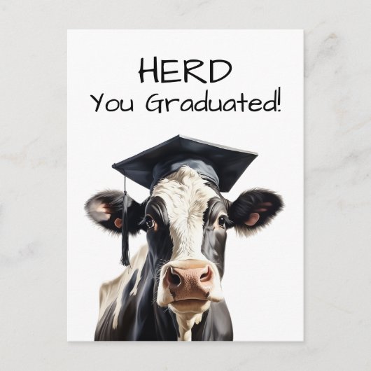 牛の卒業カード「Herd You Graduated」ユーモア溢れるデザイン ポストカード (正面)