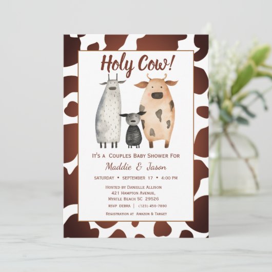 牛の家族お洒落カップルテーマ赤ちゃんシャワー 招待状 (スタンド正面)