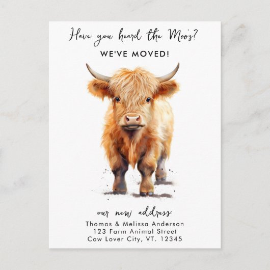 牛の引っ越しました新しい住所ハイランドカーフ移動 案内ポストカード (正面)