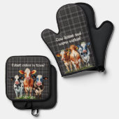 牛の引用文オンブラックプレイド 鍋つかみ&鍋敷きセット (正面/裏面)